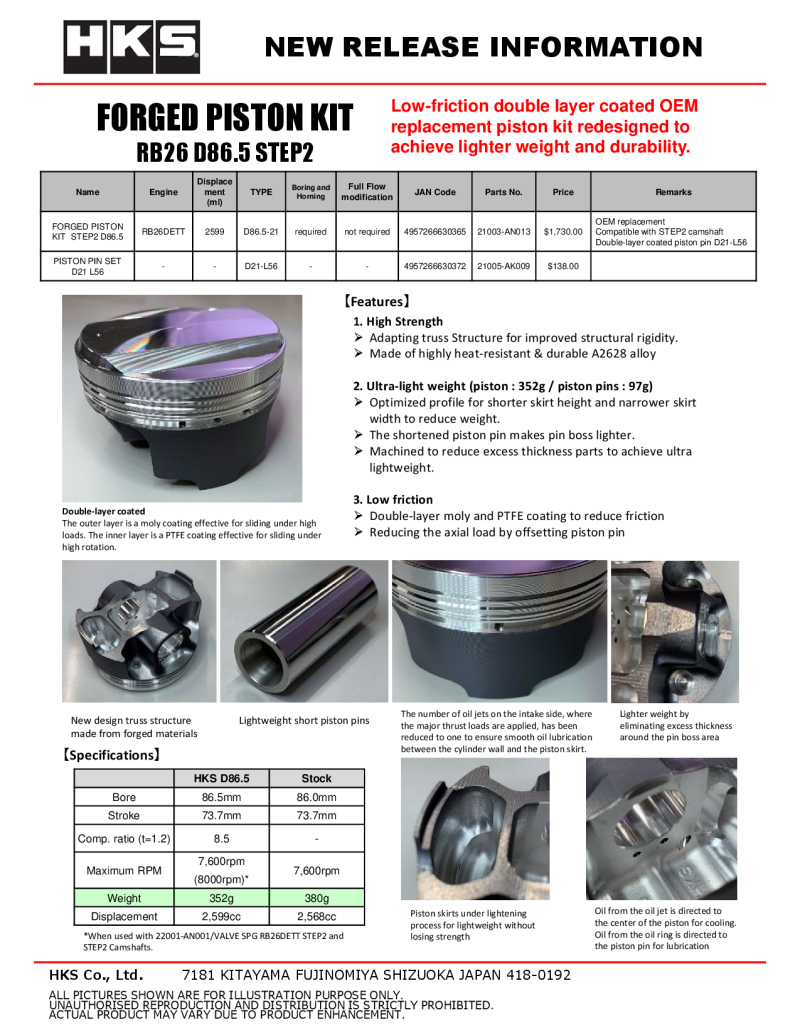 HKS BCD Forged Piston Kit For RB26 - Step 2 - 86.5mm Bore