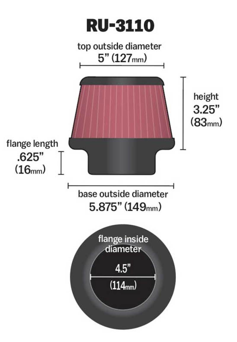 K&N High Flow Universal Air Filter 4.5in inlet / 5.85in Base / 5in Top / 3.25in Height