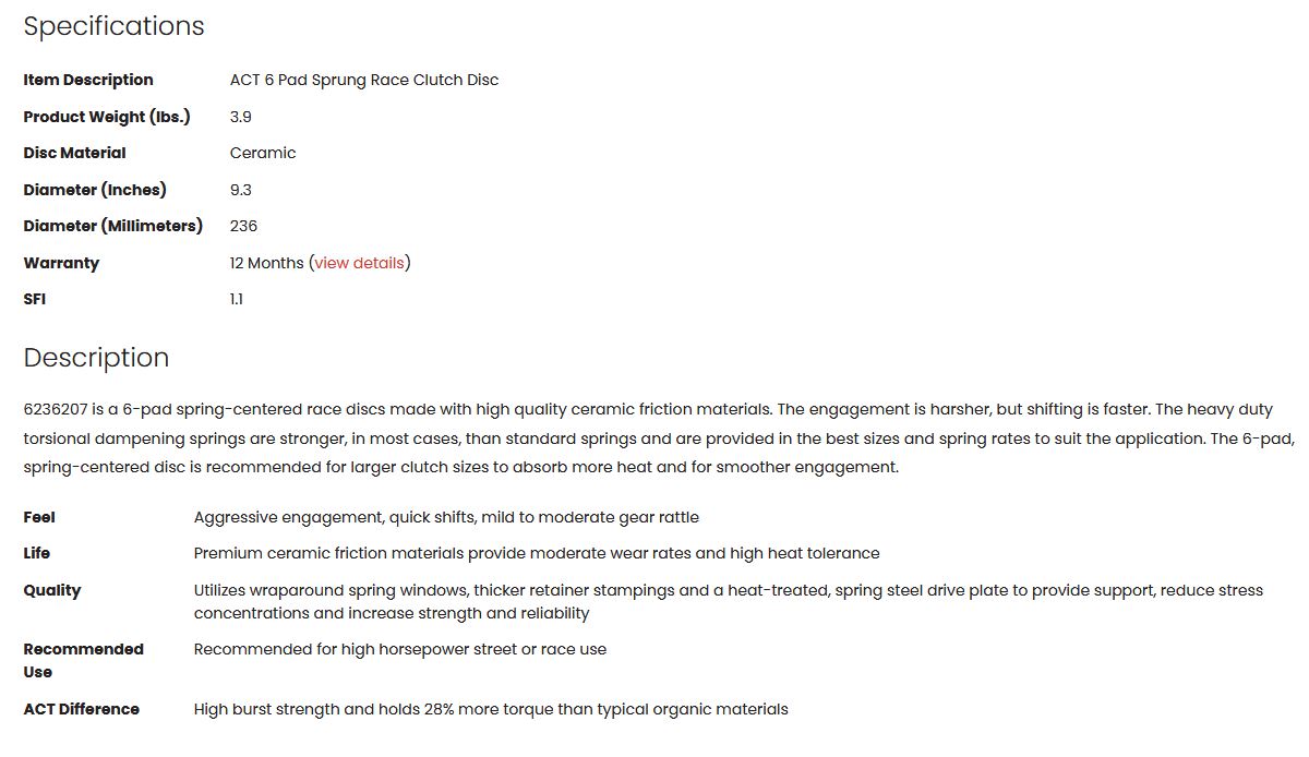 ACT 6 Pad Sprung Race Clutch Disc 2JZ (non turbo)