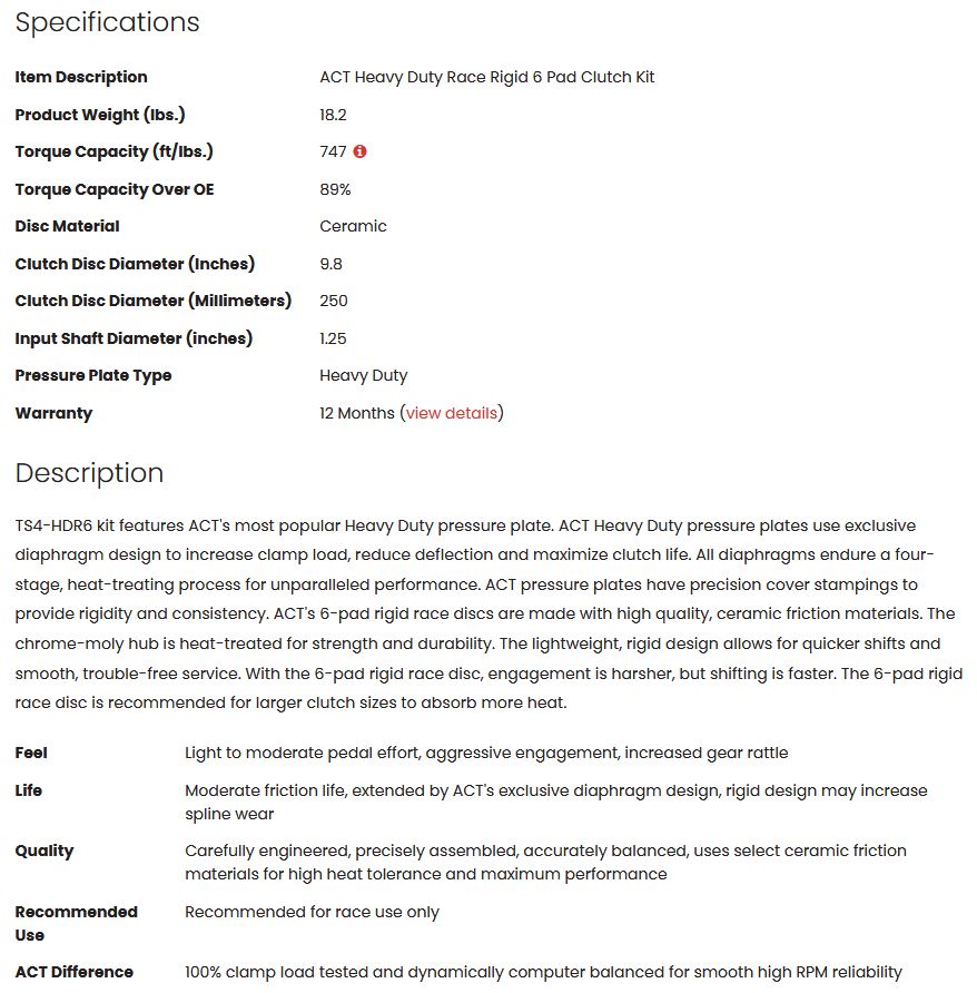 ACT Heavy Duty Race Rigid 6 Pad Clutch Kit 2JZ GTE 747tq