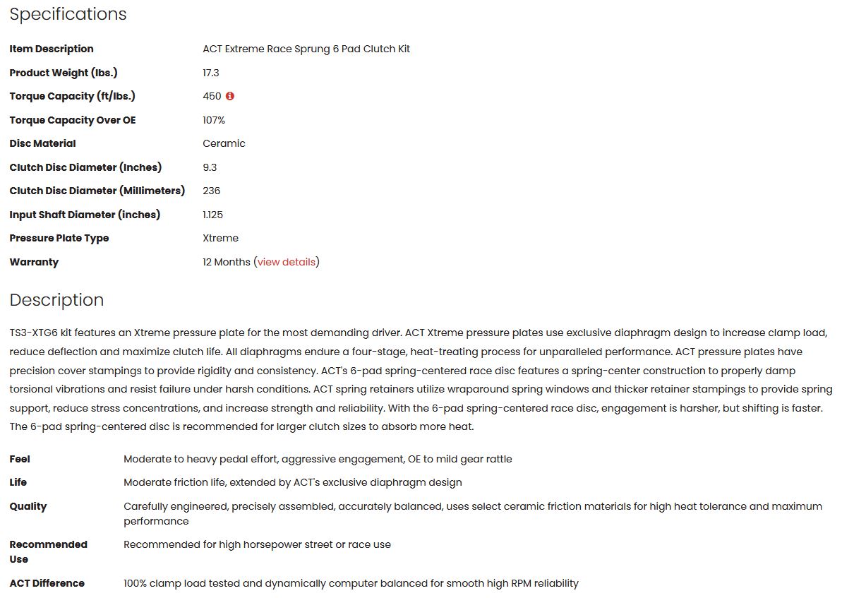 ACT Extreme Race Sprung 6 Pad Clutch Kit 2JZ (non turbo) 450tq