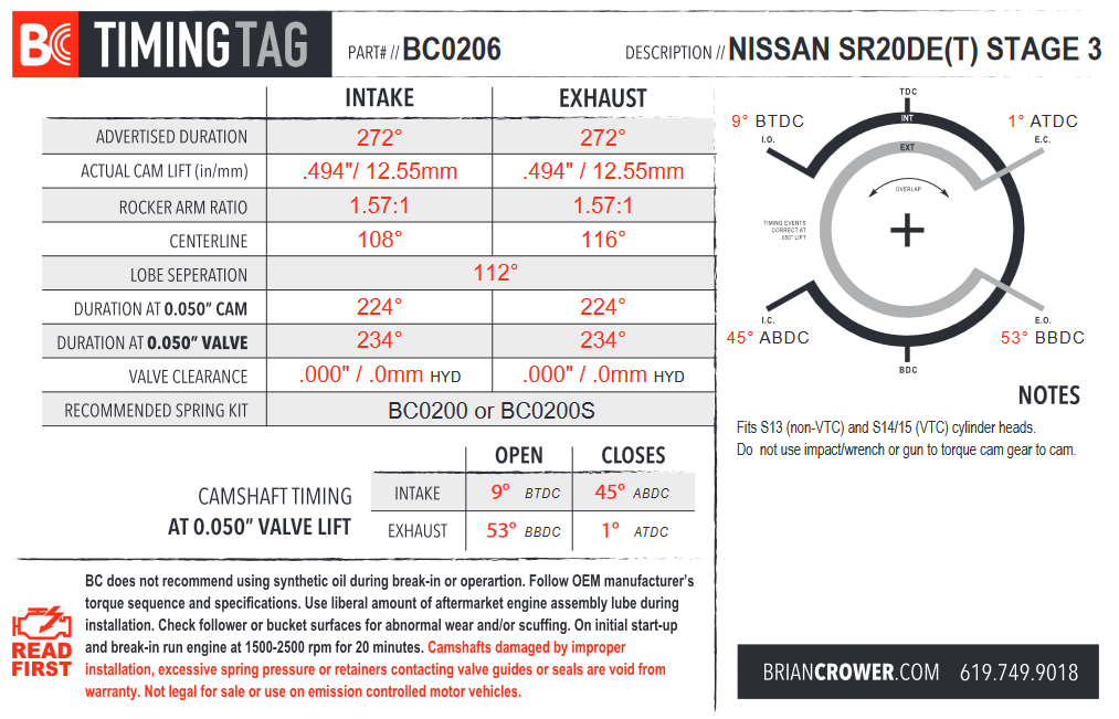 Brian Crower Camshafts Stage 3 - 272/272 Race Spec - SR20DET