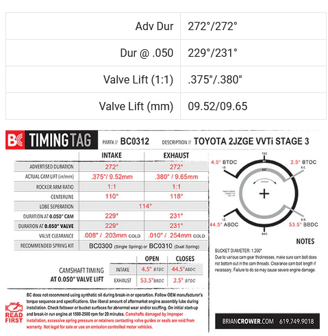 Brian Crower 2JZ GE VVTi Camshafts - Stage 3 - 272/272 - Race Spec