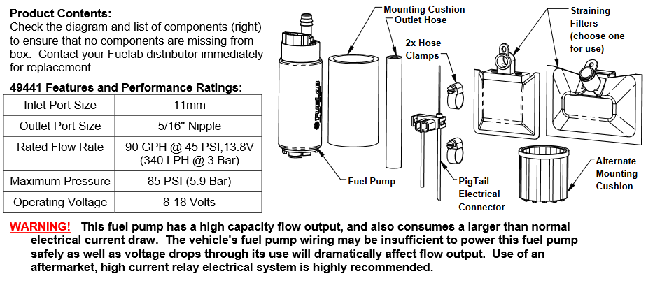 Fuelab 494 High Output In-Tank Fuel Pump - 340 LPH / E85 - 240sx