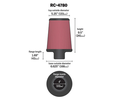 K&N Universal Air Filter Round Tapered 4in inlet / 6.6in Base / 5.25in Top / 9.5in Height