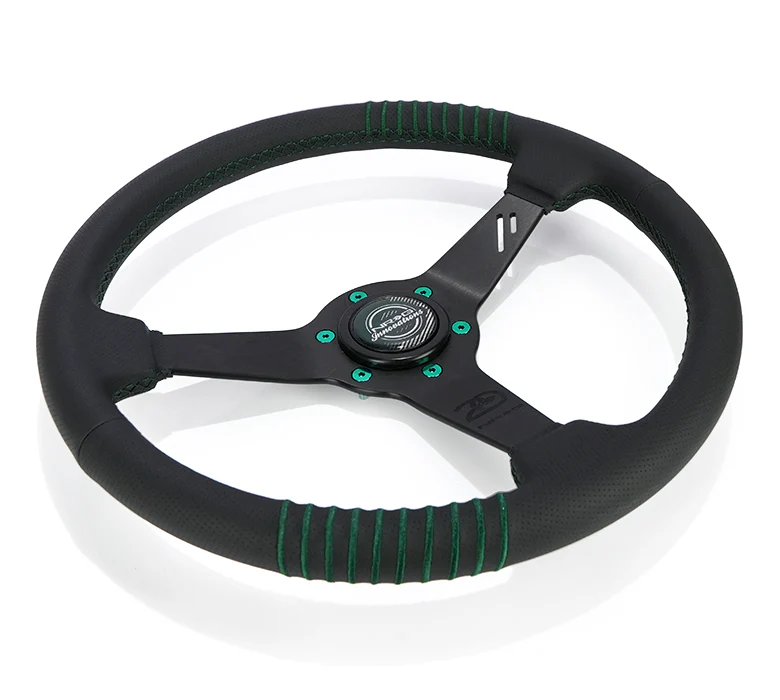 NRG 350mm Steering Wheel 1.5in Dish Black Perforated Leather Emerald Stitching - Reinforced