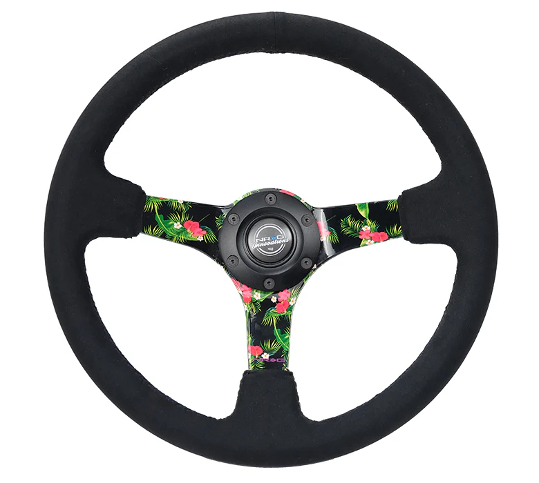 NRG Reinforced Steering Wheel 350mm / 3in. Deep Black Suede Floral 3-Spoke