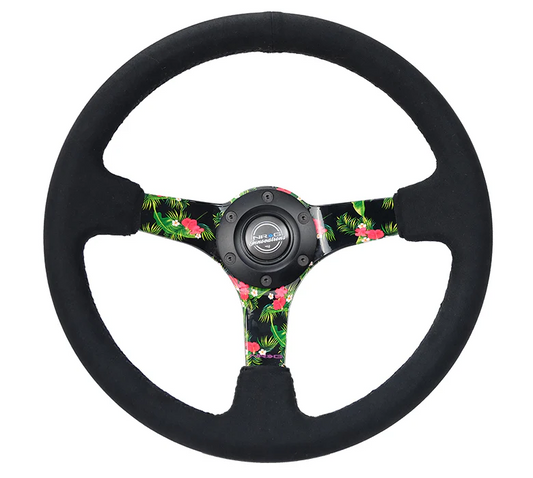 NRG Reinforced Steering Wheel 350mm / 3in. Deep Black Suede Floral 3-Spoke