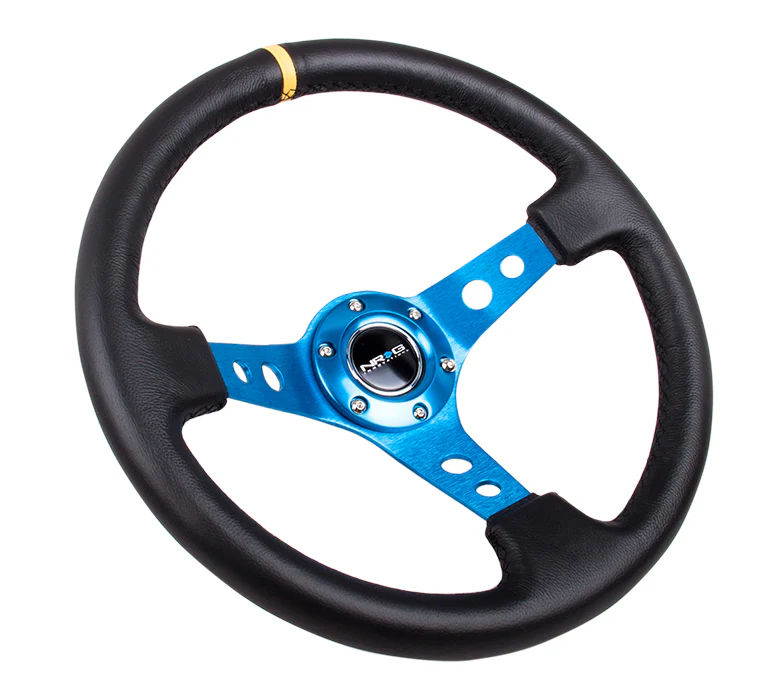 NRG Reinforced Steering Wheel 350mm / 3in. Deep Leather w/Blue Spoke & Yellow CM