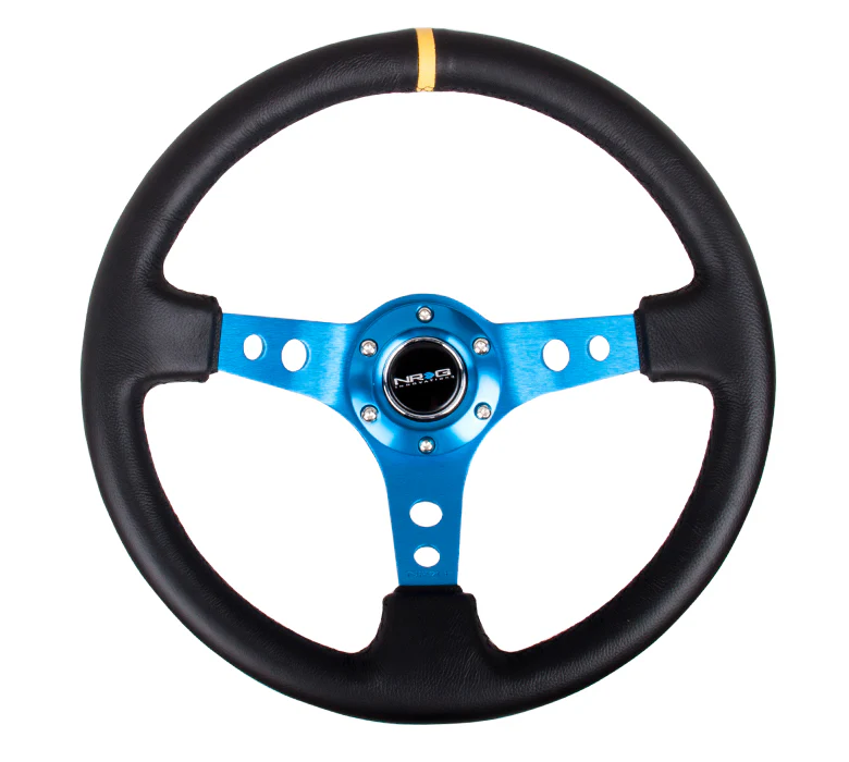 NRG Reinforced Steering Wheel 350mm / 3in. Deep Leather w/Blue Spoke & Yellow CM
