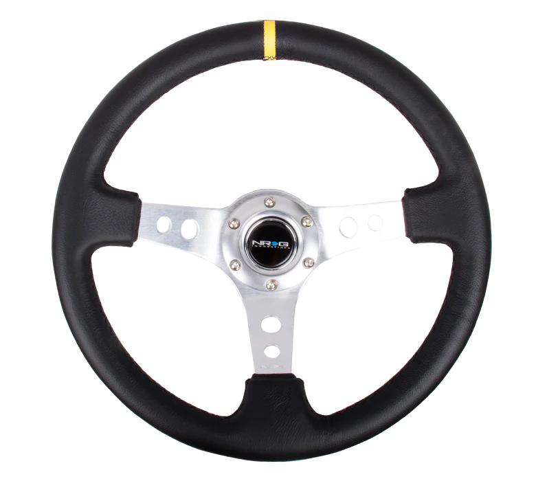 NRG Reinforced Steering Wheel 350mm / 3in Deep Black Leather w/ Single Yellow CM