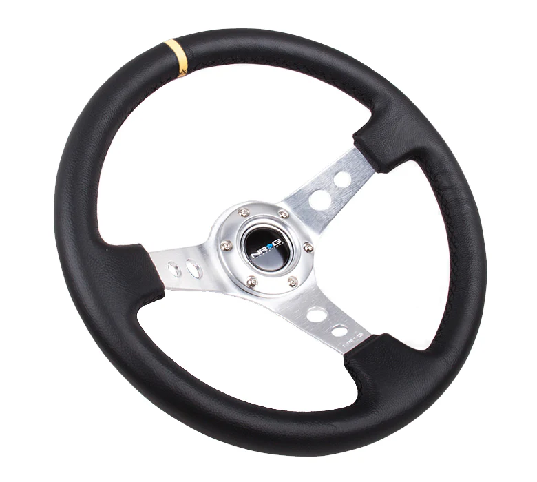 NRG Reinforced Steering Wheel 350mm / 3in Deep Black Leather w/ Single Yellow CM