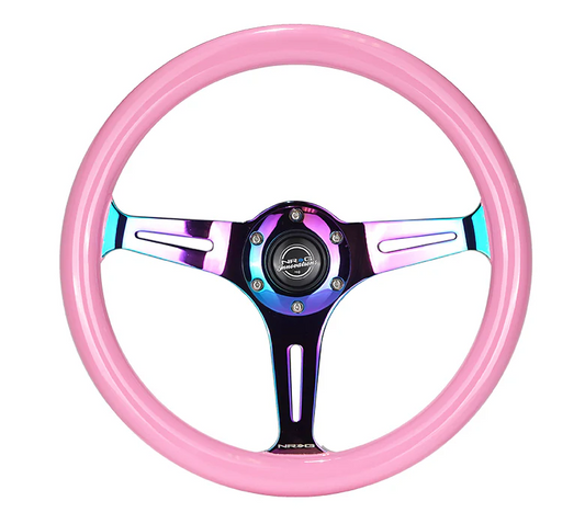 NRG Classic Wood Grain Steering Wheel 350mm Pink w/Neochrome 3-Spoke