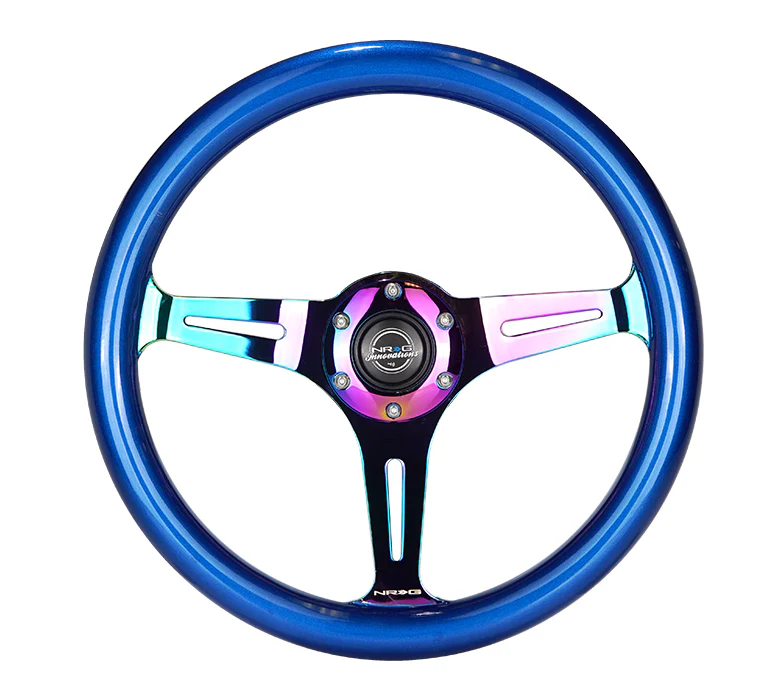 NRG Classic Wood Grain Steering Wheel 350mm Blue Pearl w/Neochrome Spokes