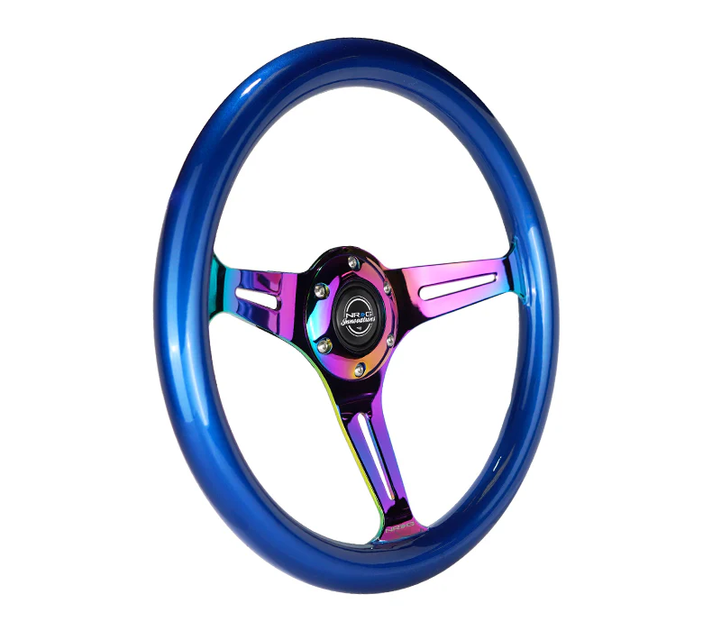 NRG Classic Wood Grain Steering Wheel 350mm Blue Pearl w/Neochrome Spokes