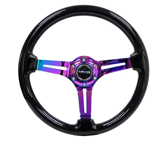 NRG Reinforced Steering Wheel 350mm / 3in. Deep - Black w/ Neochrome spokes