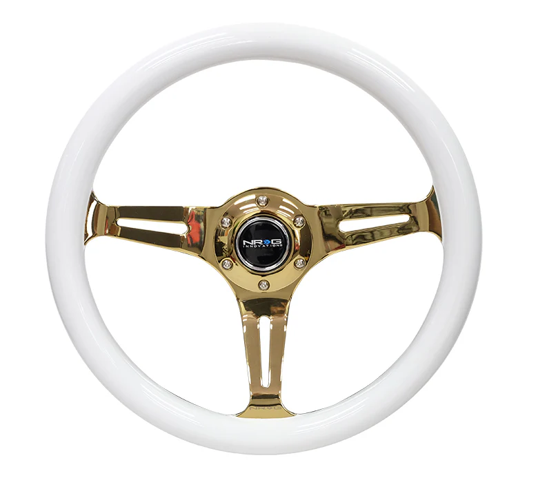 NRG Classic Wood Grain Steering Wheel 350mm - White w/Chrome Gold Spokes