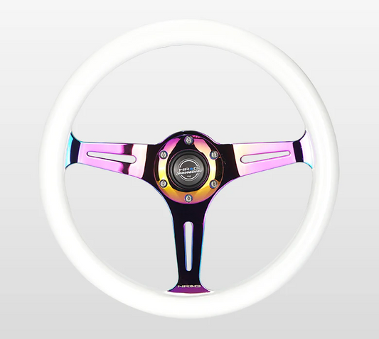 NRG Classic Wood Grain Steering Wheel 350mm - White w/Neochrome Spokes