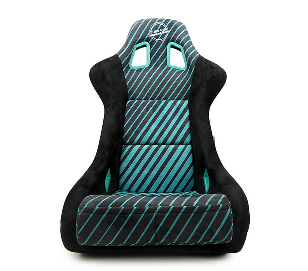 NRG FRP Bucket Seat Retro Style - Black Green Stripes w/Brackets - Medium