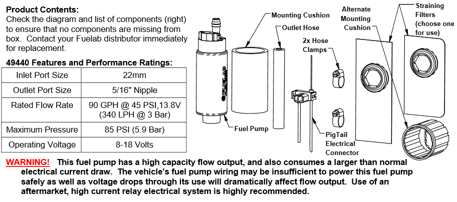 Fuelab 494 High Output In-Tank Electric Fuel Pump - 340 LPH / E85 - Center Inlet