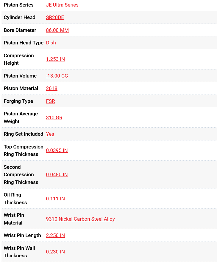 JE Pistons Ultra Series Nissan SR20DET 86mm Bore 8.5:1 CR - Set/4