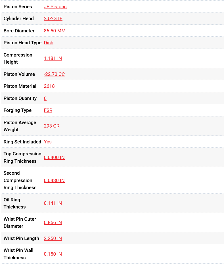 JE Pistons Toyota 2JZ GTE 86.5mm Bore 0.50 Oversize CR 8.5:1 KIT - Set/6