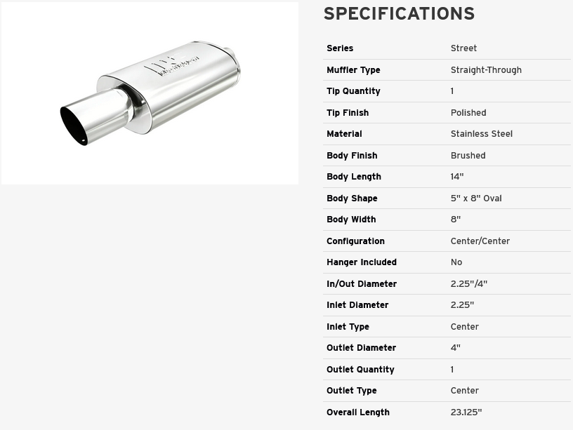 MagnaFlow Street Exhaust Muffler Chrome SS - 14X5X8 - 2.25 inlet / 4 Tip