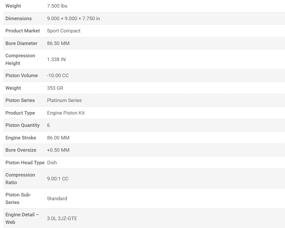 Manley Platinum Series Piston Set 2JZ 86.50mm Bore 1.338in CH -10.00 CC