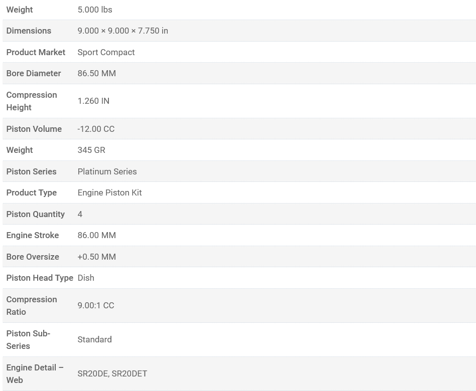 Manley Platinum Series Piston Set SR20DET / SR20DE 86.50mm Bore 1.260in CH -12.00 CC