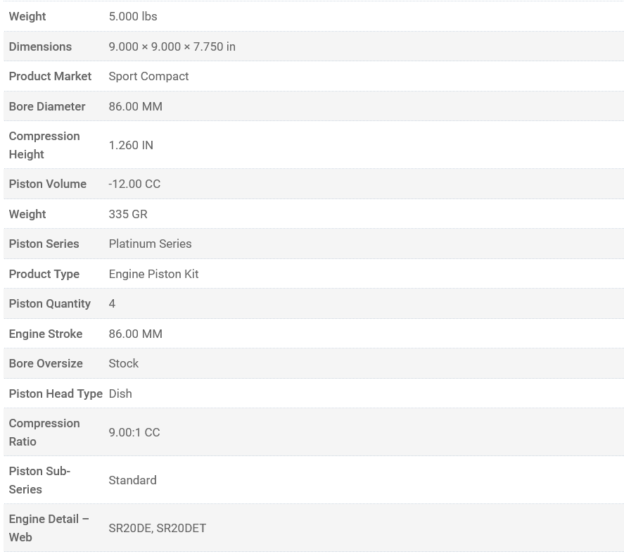 Manley Platinum Series Piston Set SR20DET / SR20DE 86mm Bore 1.260in CH -12.00 CC