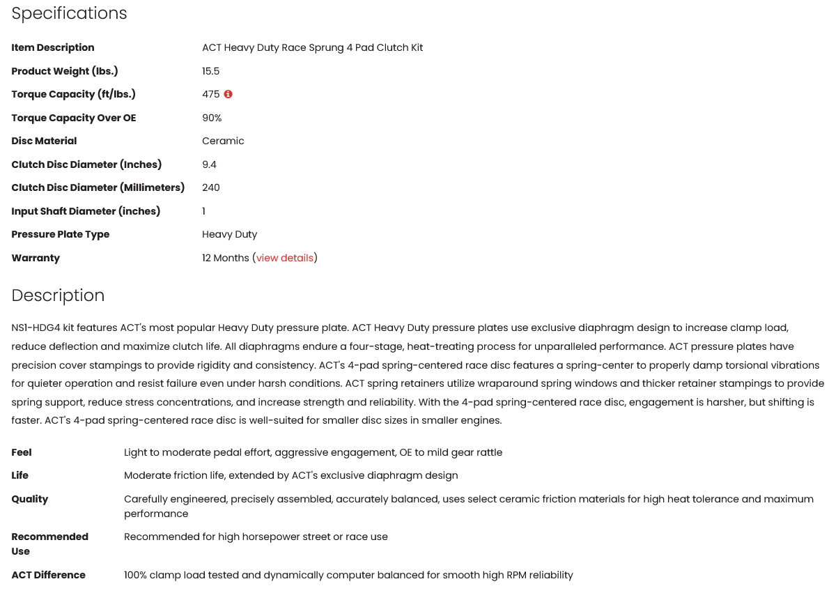ACT Heavy Duty Race Sprung 4 Pad Clutch Kit SR20DET 475tq