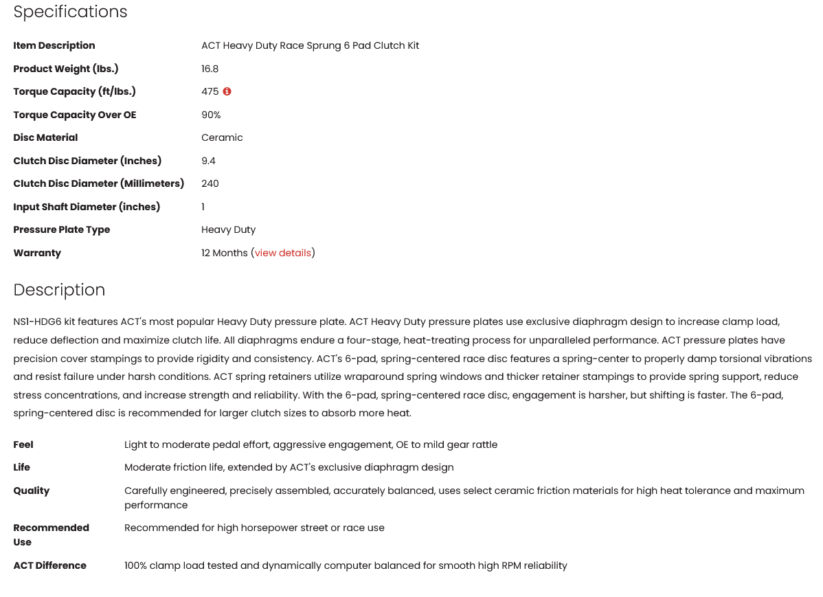 ACT Heavy Duty Race Sprung 6 Pad Clutch Kit SR20DET 475tq