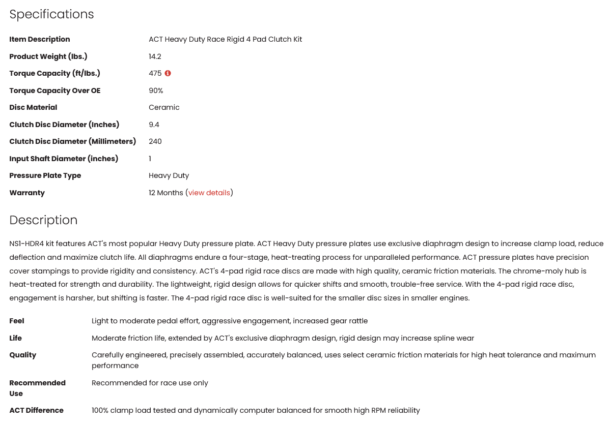 ACT Heavy Duty Race Rigid 4 Pad Clutch Kit SR20DET 475tq