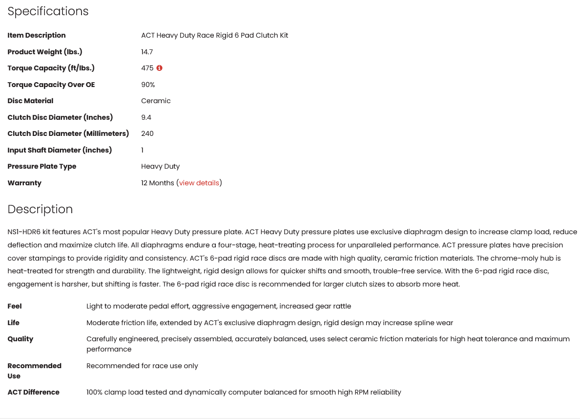 ACT Heavy Duty Race Rigid 6 Pad Clutch Kit SR20DET 475tq