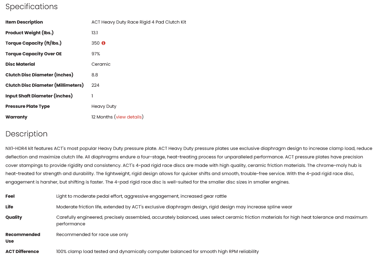 ACT NX1-HDR4 Heavy Duty Race Rigid 4 Pad Clutch Kit KA24E KA24DE 350tq