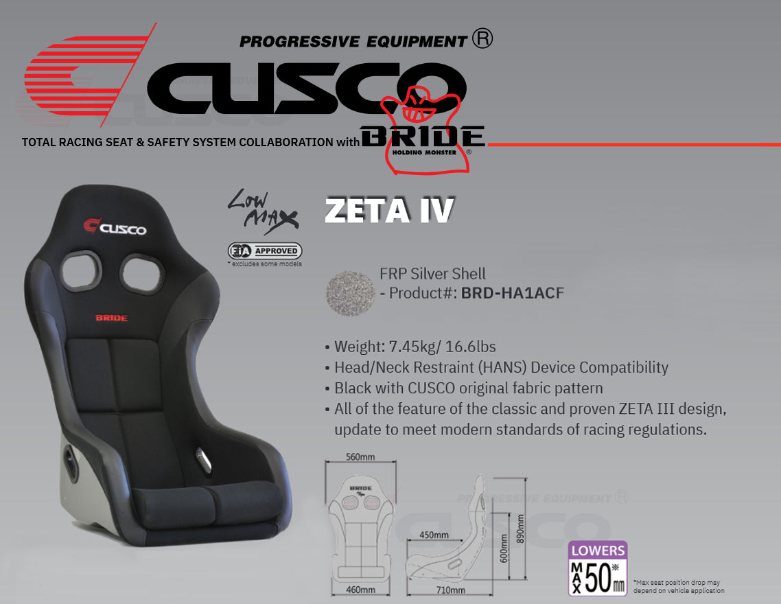 Cusco Bride ZETA IV +C FIA Racing Bucket Seat - FRP - Black Leather / Silver Shell