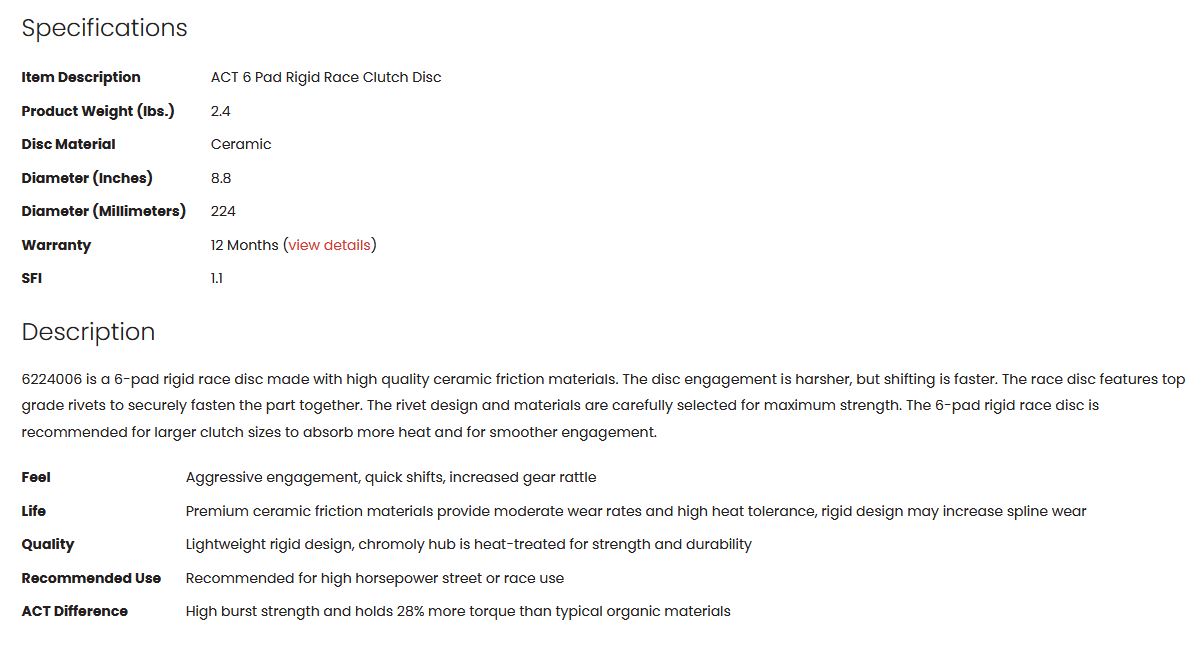 ACT 6 Pad Rigid Race Clutch Disc 240sx KA24E / KA24DE / CA18 6224006