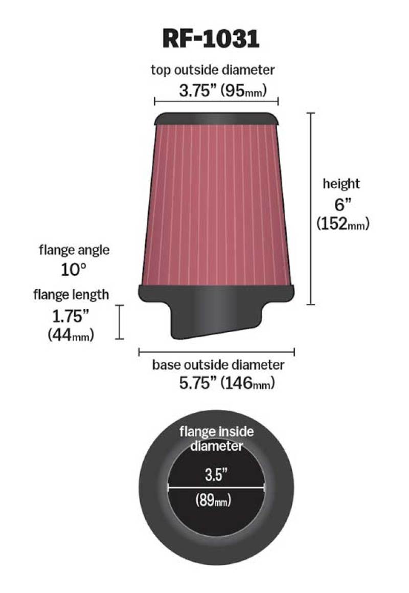 K&N High Flow Universal Air Filter 3.5in inlet / 5.75in Base / 3.75in Top / 6in Height