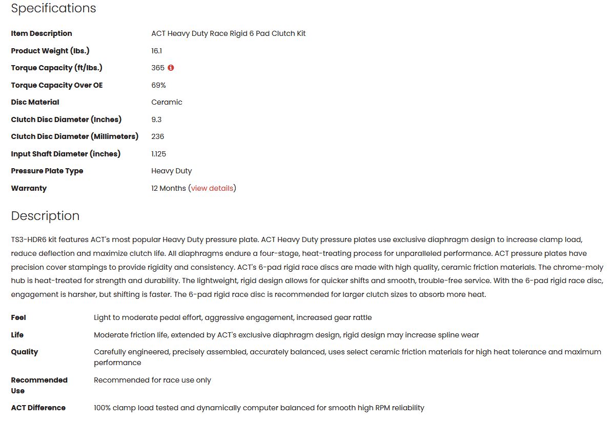 ACT Heavy Duty Race Rigid 6 Pad Clutch Kit 2JZ (non turbo) 365tq