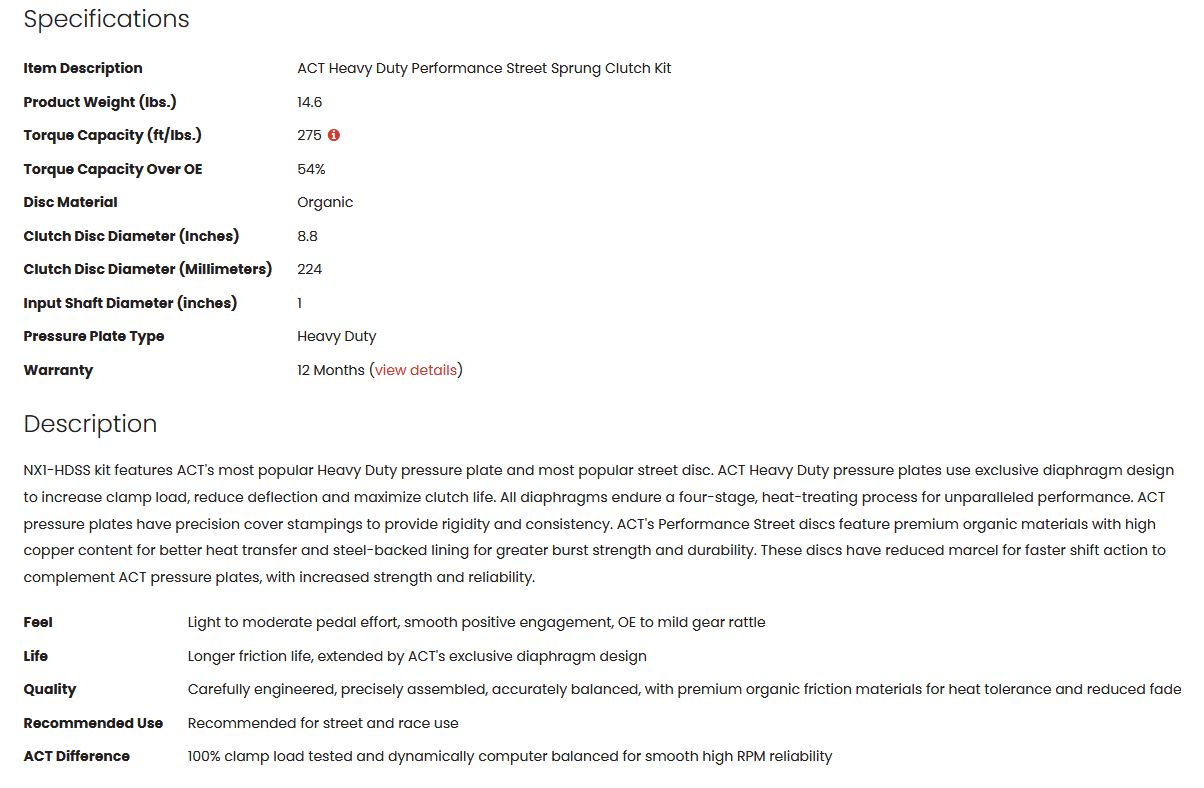 ACT Heavy Duty Performance Street Sprung Clutch Kit 240sx KA24E KA24DE 275tq