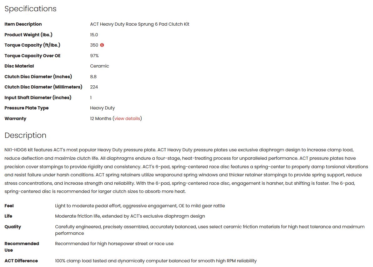 ACT Heavy Duty Race Sprung 6 Pad Clutch Kit 240sx KA24E KA24DE 350tq
