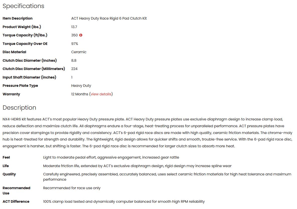 ACT Heavy Duty Race Rigid 6 Pad Clutch Kit 240sx KA24DE 350tq