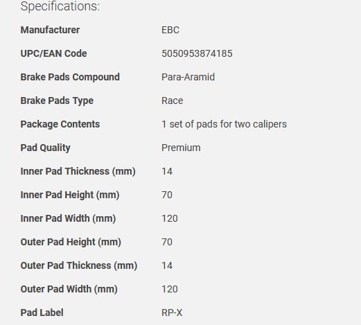 EBC RP-X 300zx / Skyline R32 Racing Front Brake Pads - for Z32 Calipers 240sx