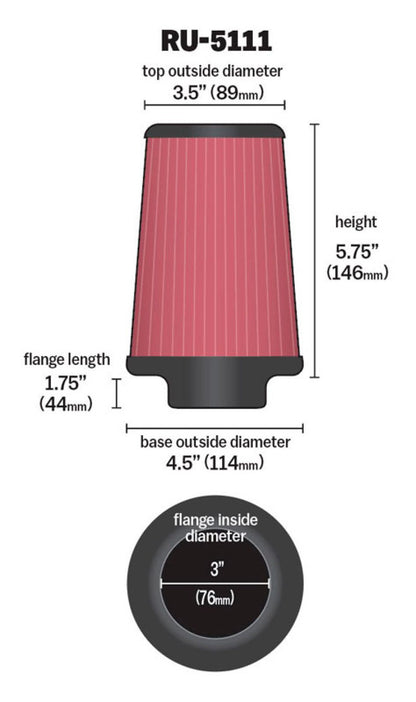 K&N High Flow Universal Air Filter 3in inlet / 4.5in Base / 3.5in Top / 5.75in Height