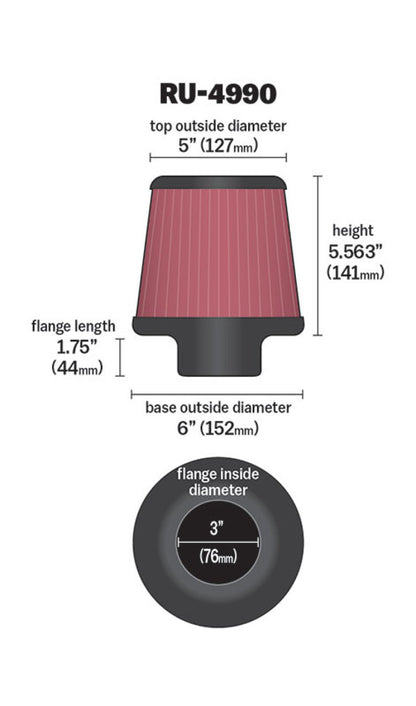 K&N High Flow Universal Air Filter 3in inlet / 6in Base / 5in Top / 5.56in Height