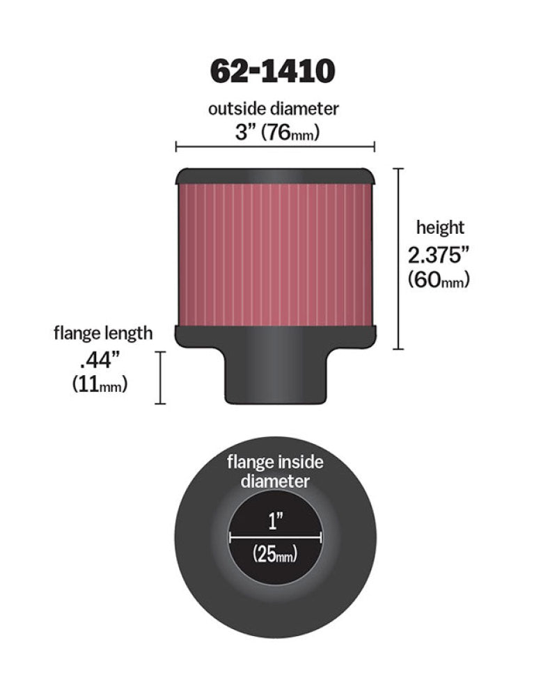 K&N Vent Breather Crankcase Air Filter 1in inlet / 3 in Top / 2.375in Height