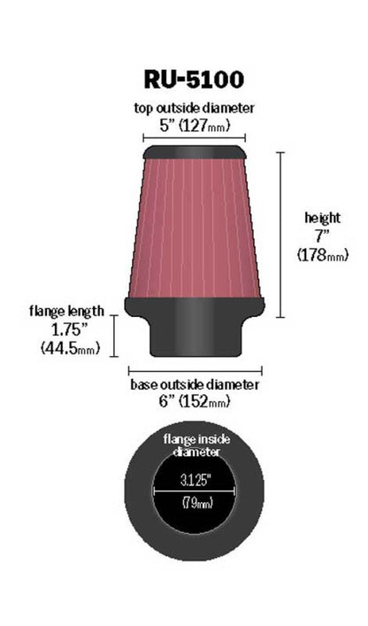 K&N High Flow Universal Air Filter 3.125in inlet / 6in Base / 5in Top / 7in Height