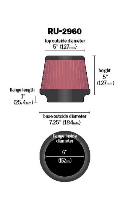 K&N High Flow Universal Air Filter 6in inlet / 7.5in Base / 5in Top / 5in Height