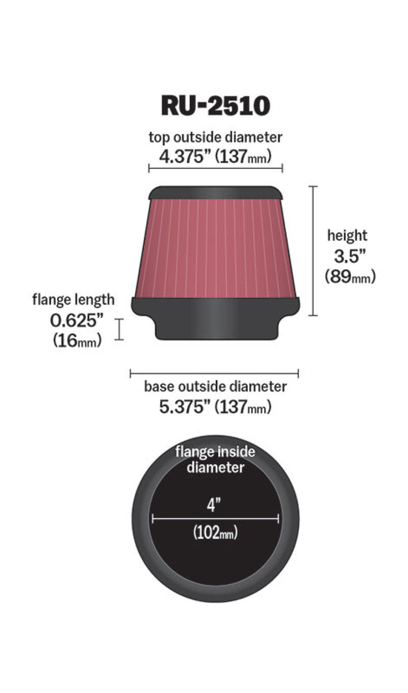 K&N High Flow Universal Air Filter 4in inlet / 5.4in Base / 4.4in Top / 3.5in Height