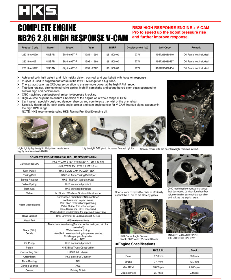HKS Complete RB26 Engine 2.8L HR High Response V-CAM - Nissan GTR R34